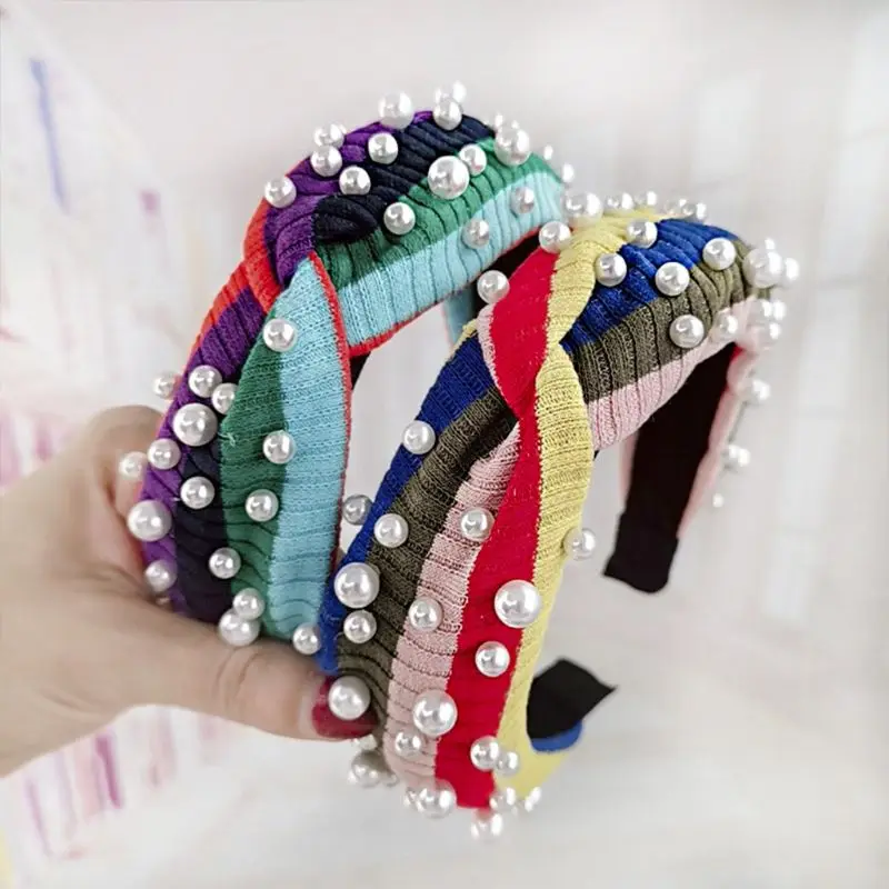 1PC Bohemian Rainbow Stripes Headband Women Ribbed Knit Wide Hair Hoop Imitation Pearl Beaded Twist Knotted Headwear