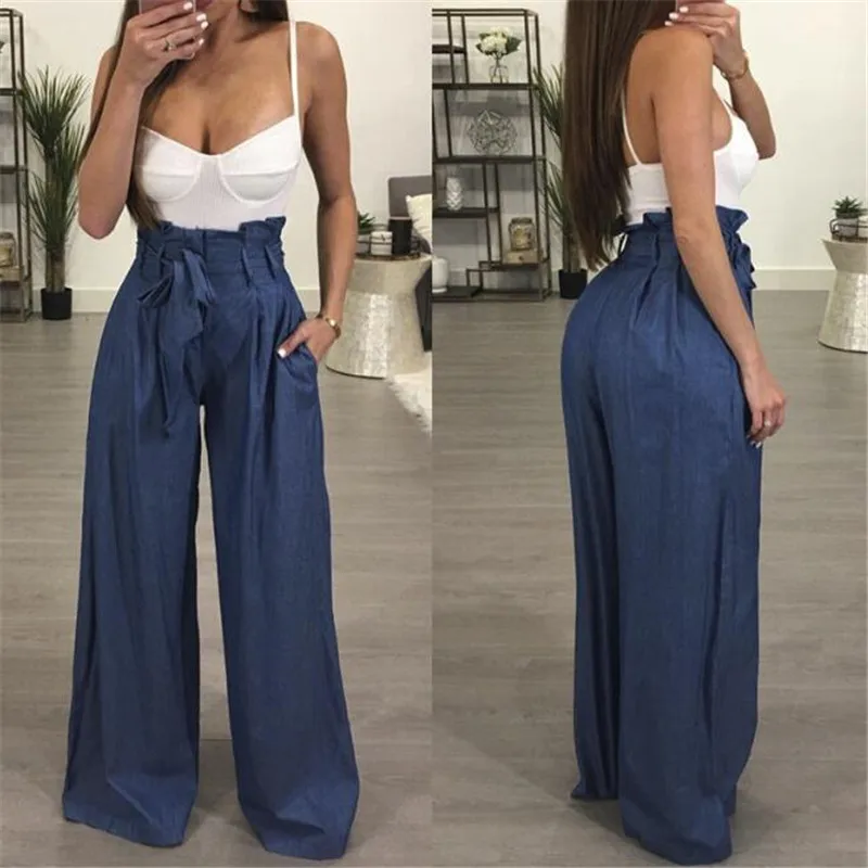 Tunic Wide Leg Pants Female High Waist Lace Up Maxi Trousers Large Size 2019 Autumn Fashion Women OL Clothing Loose Long | Женская
