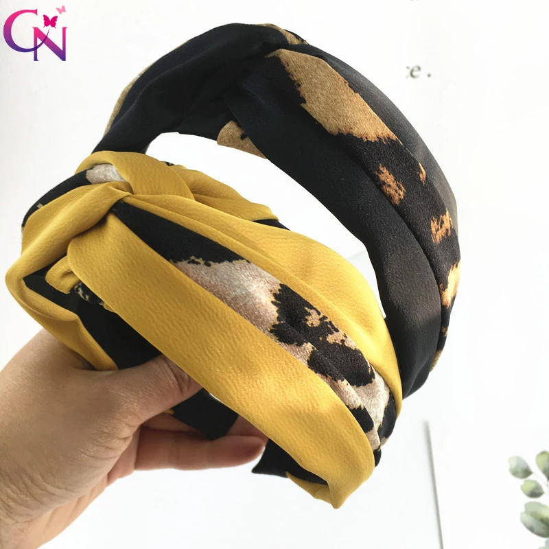 

CN Girl Leopard Knot Hairbands Vintage Chiffon Cross Headbands For Girls Womens Daily Makeup Wide Headband Hair Accessories