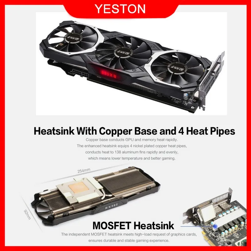 Yeston RX 580 8Gb видеокарта Gpu 256Bit Ddr5 Pci-E 3,0 4 x Hdmi 14 нм компьютерная видеокарта Yeston RX 580 8Gb видеокарта Gpu 256Bit Ddr5 Pci-E 3,0 4 x Hdmi 14 нм компьютерная видеокарта