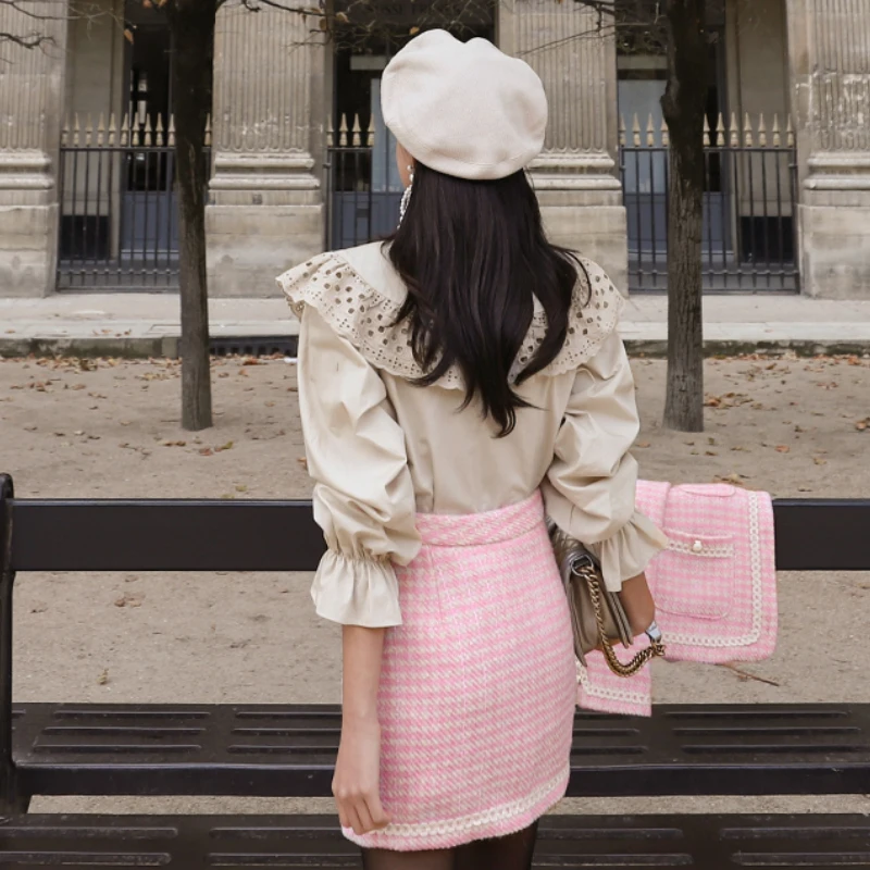 Осенне-зимняя женская розовая клетчатая кружевная пэтчворк твидовая куртка пальто+ двубортная рубашка+ мини-юбка костюм из трех предметов