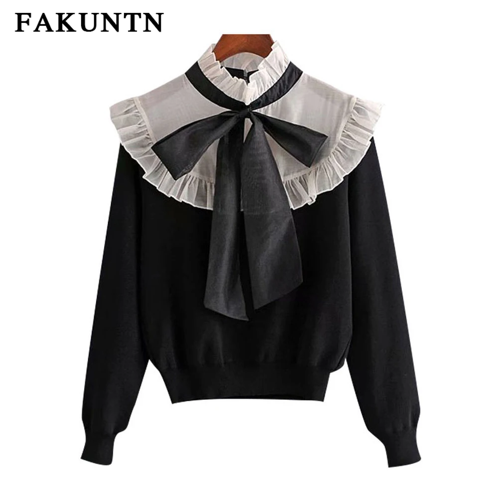 

FAKUNTN Women Knit Sweater Pullover 2021 Autumn Winter Clothing Female Bowknot Long Sleeve Vintage Knitted Sweater Women Jumper