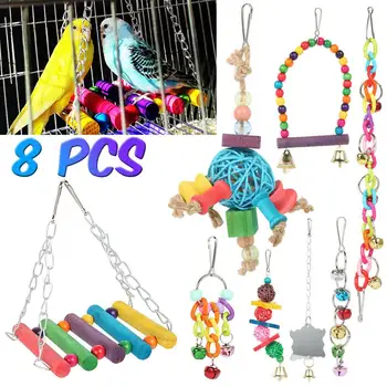 

NEW 8 PCS/Set Parrot Birds Toy Kit Swing Hanging Bells Wooden Bridge Accessories Bird Toy Standing Training Pet Tool