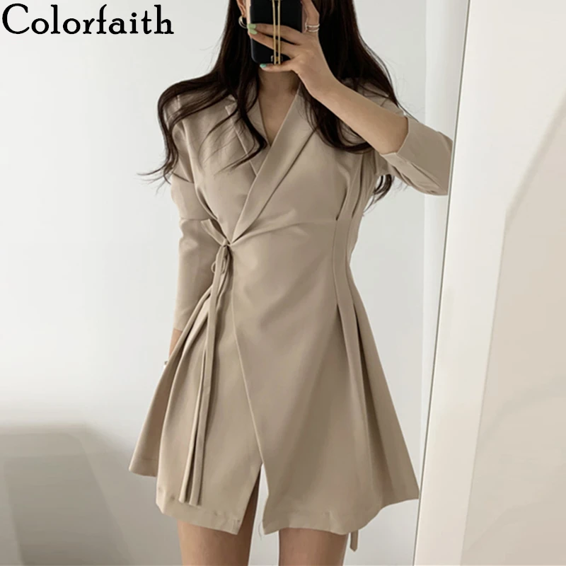 Colorfaith Новинка женские платья весна лето модные однотонные элегантные офисные женские мини платья с v-образным вырезом на шнуровке с бантом DR7077