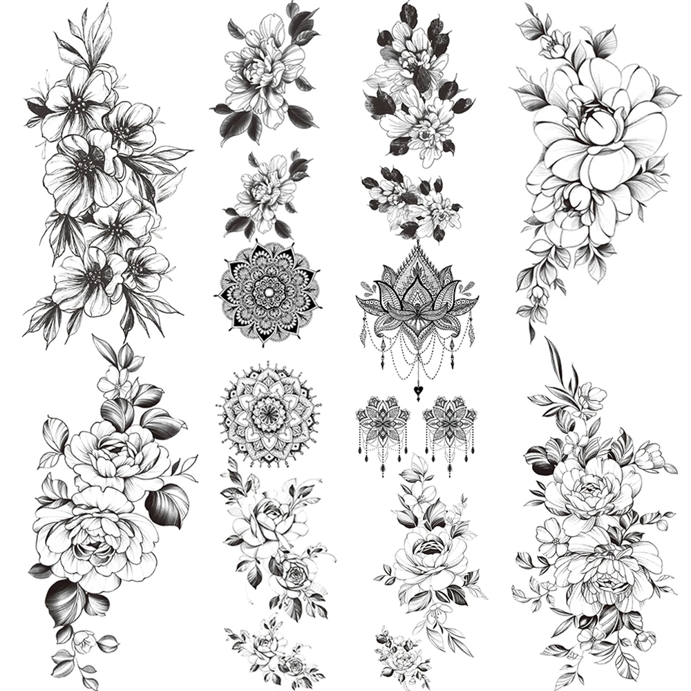 Tatouage Fleur De Lys Mandala Tatouage temporaire pour femmes, faux bijoux, jasmin, fleur de lys, Mandala  noir, henné, camélia | AliExpress