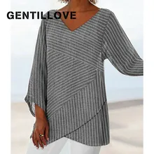 Aliexpress - Gentillove Elegant Striped Cross Criss Blouse Casual Long Sleeve V Neck Linen Baggy Shirt Vintage Linen Tunic Tops Streetwear