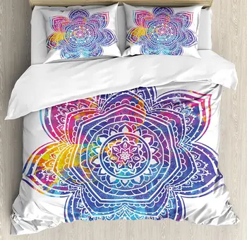 

Lotus Duvet Cover Set Watercolor Vivid Mandala Artwork 3 Piece Bedding Set Violet Blue Pink Earth Yellow