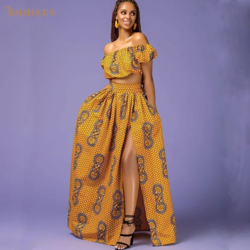 BOHISEN Dashiki African Dresses For Women Bazin Clothing Suits Short Sleeve African Women Clothes With Scraf Floral Print