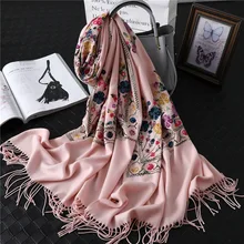 Элегантные дизайнерские зимние кашемировые шарфы, модные шарфы с цветочным узором и вышивкой, женский шарф, женское одеяло, Пашмина, розовый, серый