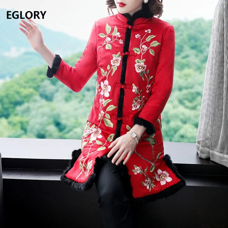 

2019 Autumn Winter Long Parka Jacket High Quality Women Luxurious Embroidery Rabbit Hair Patchwork Vintage Long Coat Parka XXL