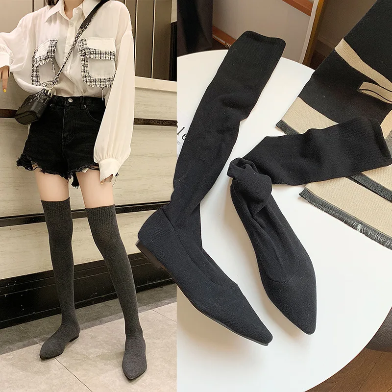 

2019 Autumn New Style Online Celebrity Thin Boots Pointed Toe Hose Socks Boots Women's Over-the-knee Boots Knitted Bounce Socks