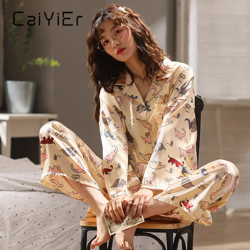 

CAIYIER New 2020 Girls Dinosaur Pajamas Set Long Sleeve Silk Satin Nightwear Winter Ladies Sexy Sleepwear Loose Leisure Homewear