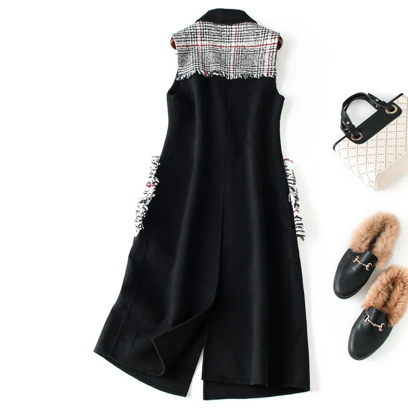 Double-sided Vest Jacket Female Winter Long Plaid Two Buckle 80%wool Coat Female J10064