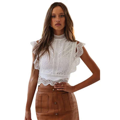 white tops OLOEY, однотонный, черный, белый цвет, высокий воротник, Винтажный кружевной жилет, женская мода, без рукавов, укороченный топ, молния сзади, танк Повседневный Топ, одежда - Цвет: white tops
