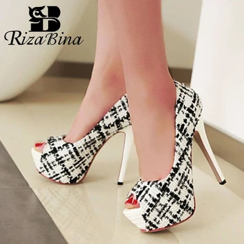 

RIZABINA Women Pumps Shoes Designer Fashion Peep Toe Fancy Cloth Shoes Women Sexy High Heels Platform Casual Footwear Size 32-43