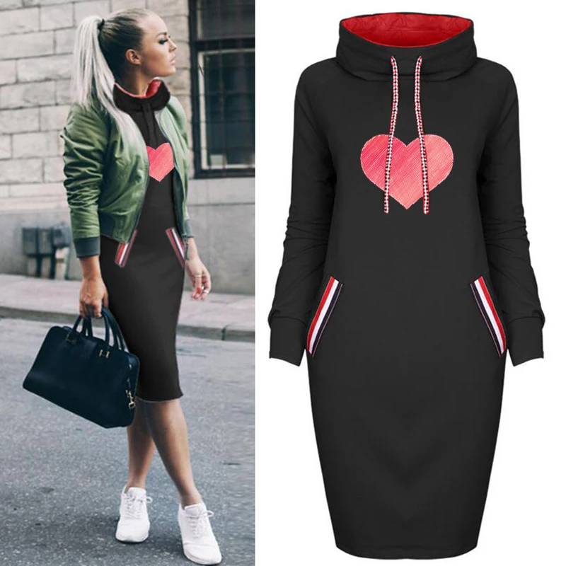 

Cute Pink Love Print Dress Plus Size Women Turtleneck Autumn Thin Bodycon Midi Dresses Long Sleeve Party Club Street Vestidos