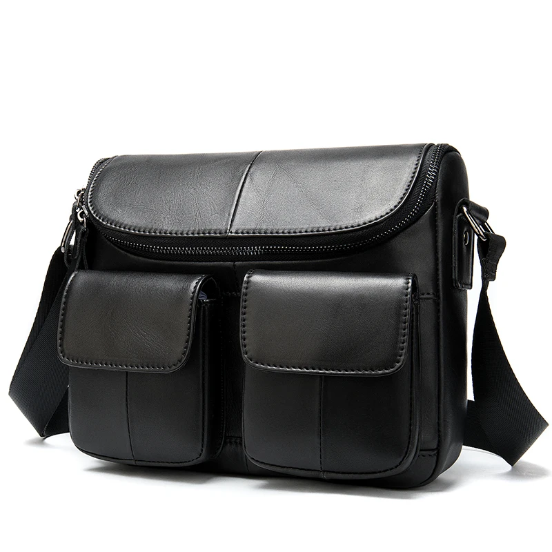 

Mens Messenger Stachel Leather Bag Cow Leather Black Flap Zipper Closured Shoulder Bag(24cm*6cm*21cm)