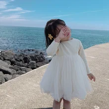 Милая Детская одежда Платья в стиле принцессы осенне-зимнее платье для малышей однотонные платья с длинными рукавами для маленьких девочек LZ513