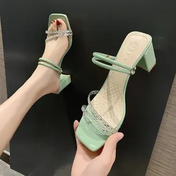 

ar Outer Wear High Heels Chunky-Heel Rome Man-made Diamond Slippers 2020 New Style Transparent Double Purpose