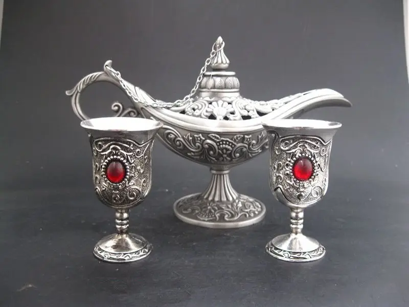 Серебро ручной работы Miao &amp Cloisonne резьба Аладдин волшебный Джинн лампа редкая