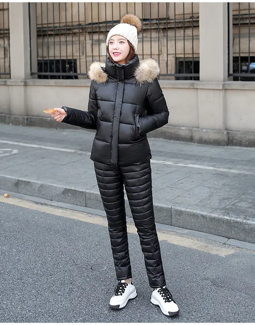 2021 Winter Ski Clothes Women Korean Down Cotton Set Big Fur