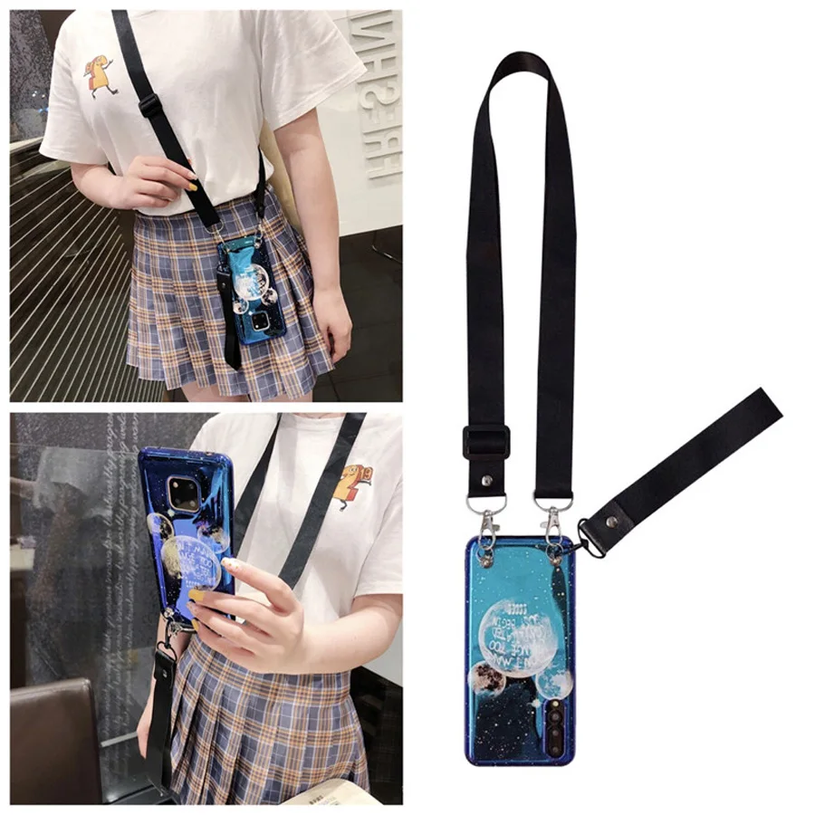 

space planet strap tpu case for xiaomi mi 8 9 se A2 redmi note 7 case cover cute cartoon shoulder lanyard soft silicon phone bag