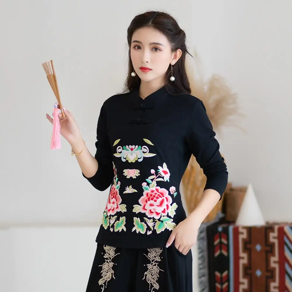 KYQIAO blusa feminina Женский Осенний Традиционный китайский стиль воротник стойка зеленый черный красный цветочный Вышивка блузка рубашка
