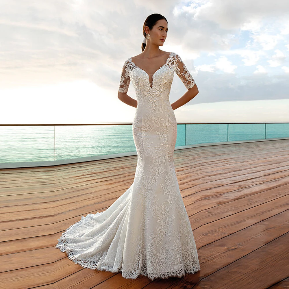 Vestido de Noiva Sereia пикантные Свадебные платья Русалочки 2019 с отстежными рукавами и с низким вырезом на спине, цвета слоновой кости, платье