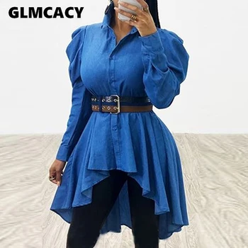 

Puff Sleeve Denim Blouse Women Long Sleeve Button Asymmetrical Hem Soild Spring Fall Turn-down Collar Casual Plus Size Tops