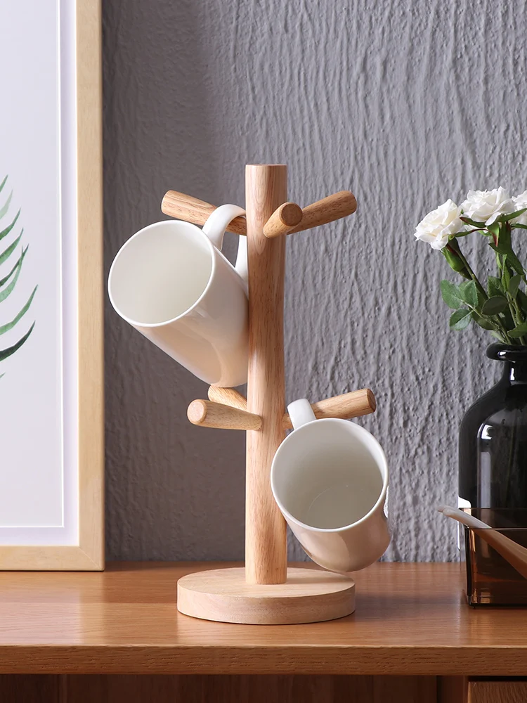 

6 Hooks Wood Cup Holder Kitchen Storage Drain Rack Wine Glass Holder Coffee Mug Storage Rack Drainer Shelf Organizer