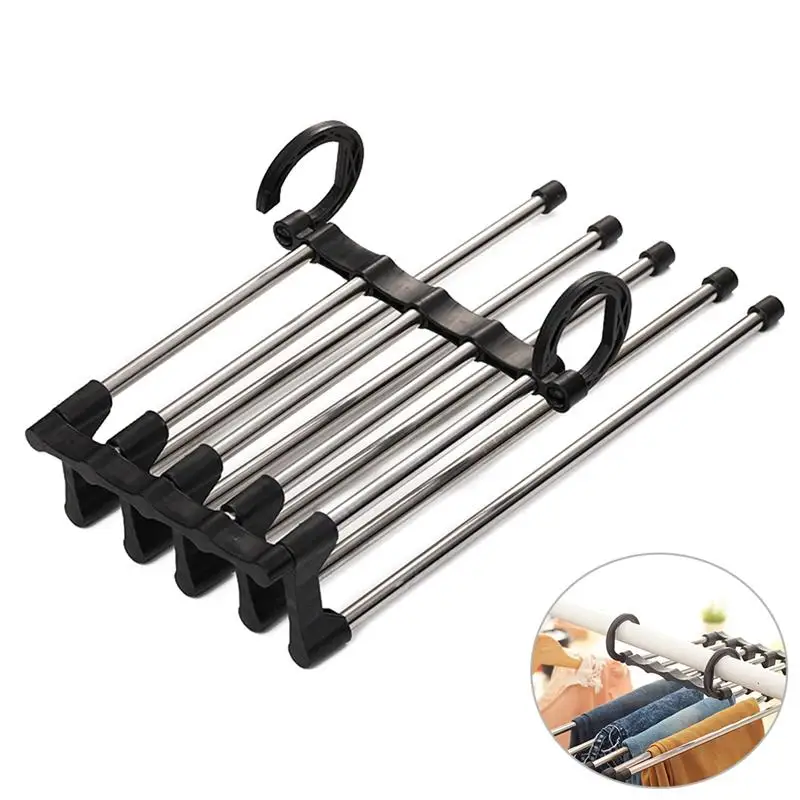 White Stainless Steel Multifunction Five in One Magic Pants Rack Storage Folding Hanger Hook