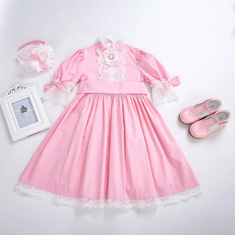 Cutestyles кружевное розовое сплошного цвета принцесса свадебное платье стоячий воротник длинное платье для девочки B479(платье длиной до колена