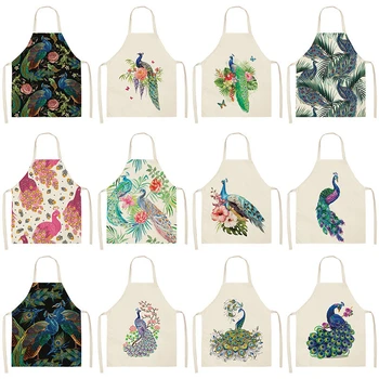 

1Pcs Peacock Flower Kitchen Aprons For Women Cotton Linen Bibs Household Cleaning Pinafore Home Cooking Apron 53*65cm WQL0177