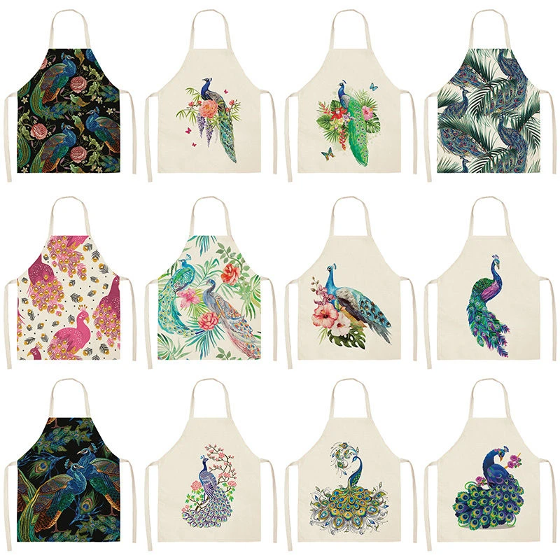 1Pcs Peacock Flower Kitchen Aprons For Women Cotton Linen Bibs Household Cleaning Pinafore Home Cooking Apron 53*65cm WQL0177