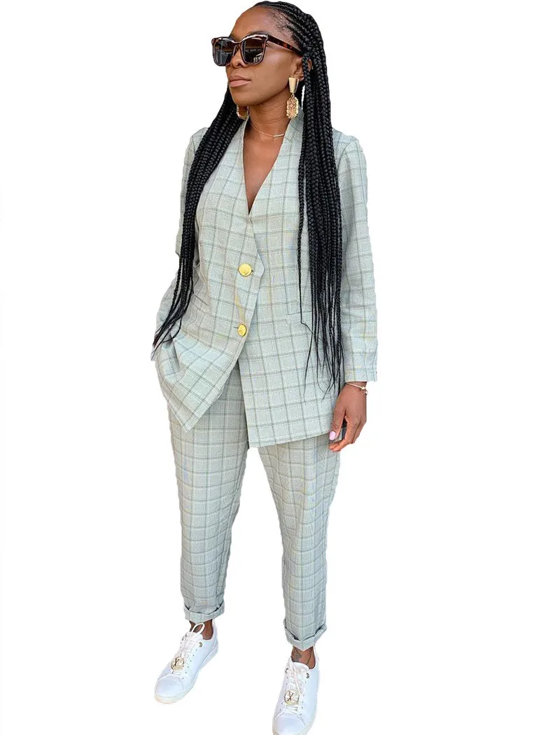 Офисная Женская рабочая одежда брючные костюмы женские комплекты из 2 предметов однобортный клетчатый Блейзер пиджак и брюки костюм уличная Feminino