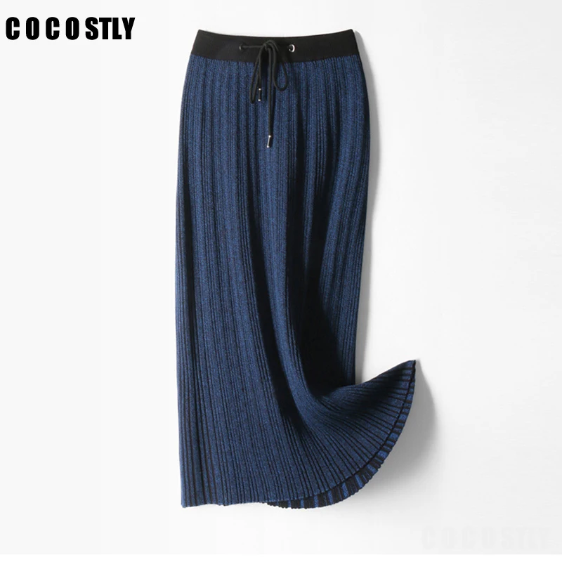 Осенне-зимние длинные трикотажные юбки женские корейские модные плиссированные юбки с высокой талией Миди Lenth jupe femme saias