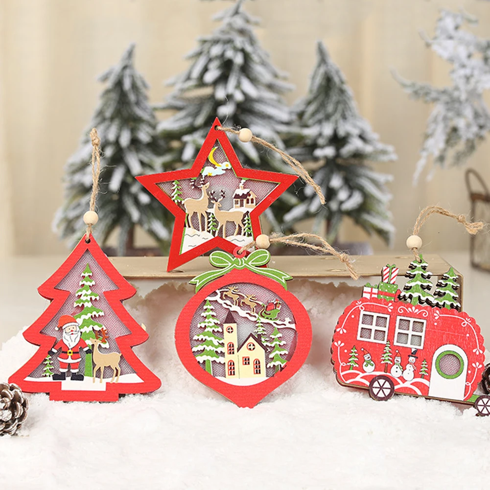 Светодиодный свет деревянная новогодняя елка Подвески украшения Xmas DIY Изделия из дерева для детей подарок для дома Рождество год вечерние украшения