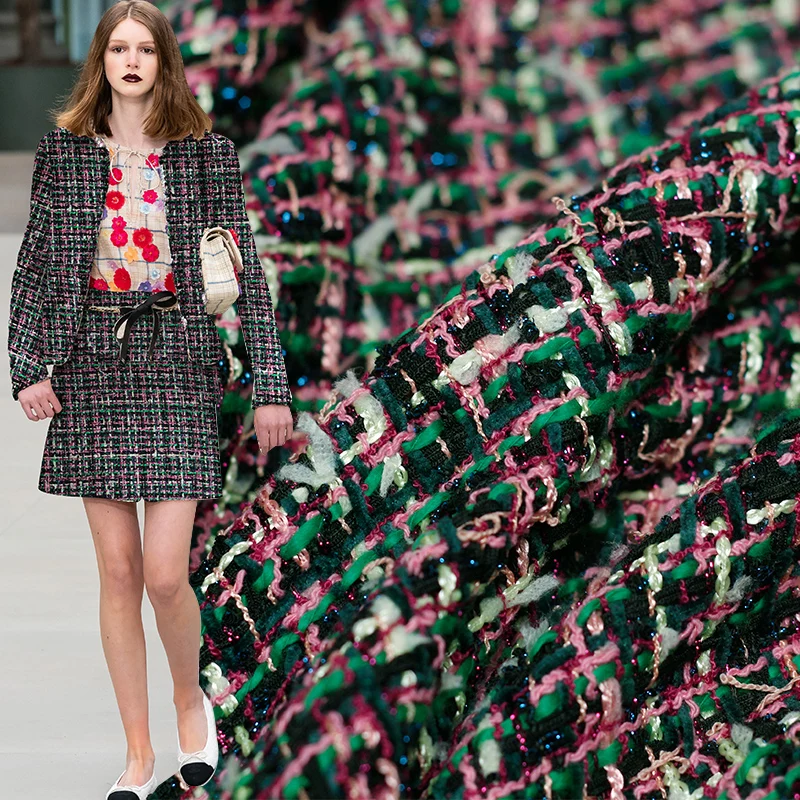 Pearlsilk France Pink Green Tweed Fabrics Autumn Jacket Dress Suits Garment Materials The Sewing Cloth Meter Freeshipping