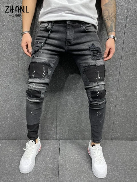 Mens Ripped Jeans Paint | Skinny Jeans Men Print Black Mens Spray Jeans - - Aliexpress