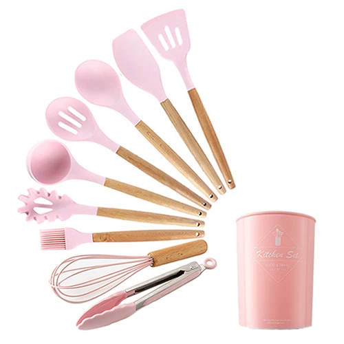 Pink-10pcs-A Силиконовые кухонные инструменты Наборы для приготовления пищи суповая ложка лопатка антипригарная лопата с деревянной ручкой специальная термостойкая конструкция - Цвет: Pink-10pcs-A