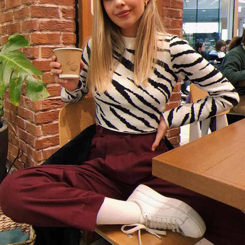 

Turmeric zebra print knitted sweater Sexy jumper female Knitwear 2019 new women autumn winter Casual streetwear pullover mujer