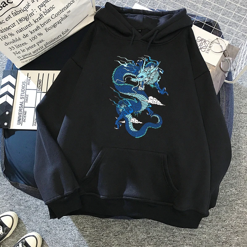 Harajuku Style Black Dragon Young Girl Fire Flame Print Hoodie 2020 Winter Clothes Women Gothic Loose Warmth Sweatshirt Women