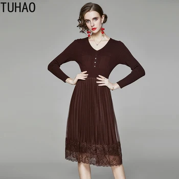 

TUHAO Women Mother Mom Elegant Office Lady Work Dresses 2020 Autumn and Winter High Waist Long-sleeved Knitted Dress Lace WM74