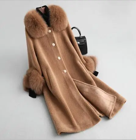 dark-camel ZiZhen Тренч, Натуральная шерсть, Лисий мех, отложной воротник, манжета, жемчужная застежка, карманы, зимнее женское длинное пальто KQN19003 - Цвет: dark-camel