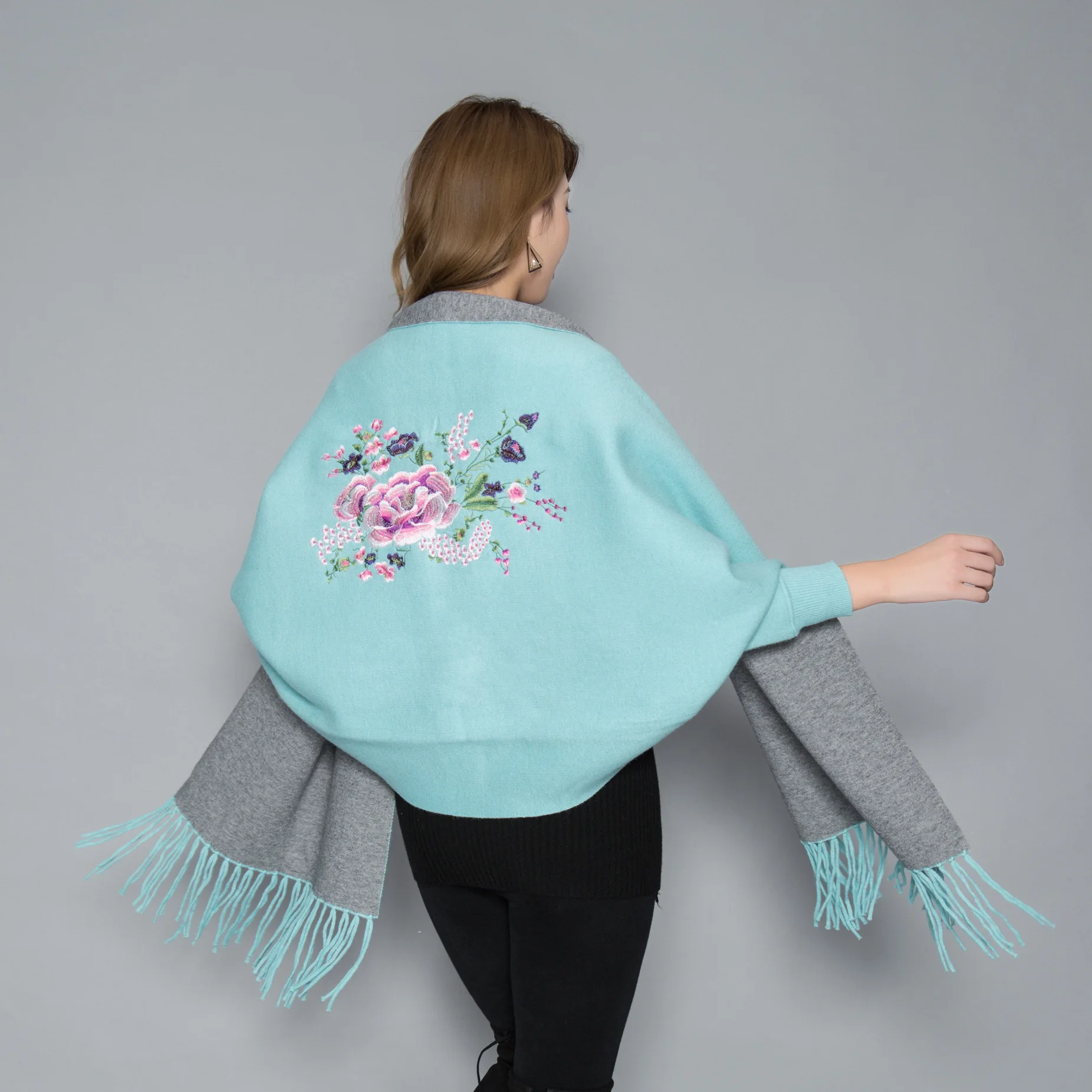 

2019 Autumn And Winter New Style Large Size Knitted Women's Mantle Korean-style Elegant Versatile Peony Embroidered Shawl Sweate