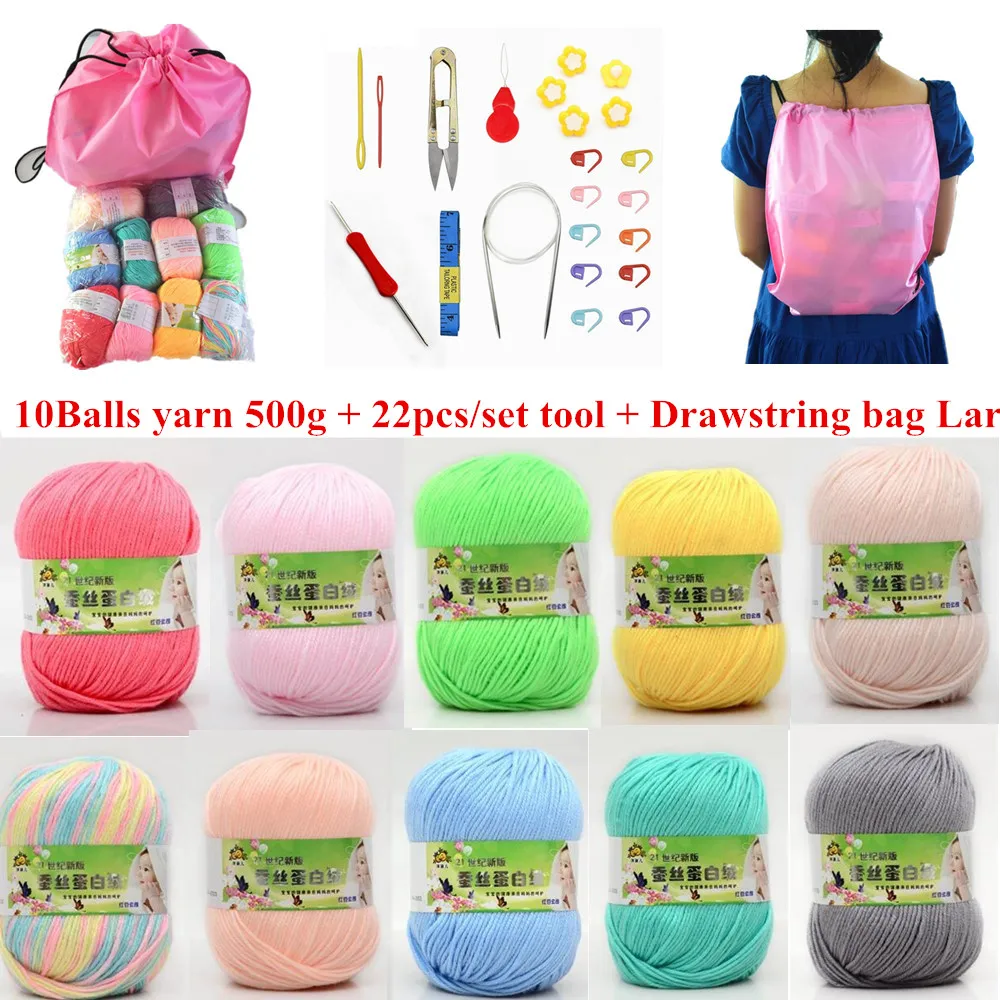 Hand Knitted Crochet Yarn Diy Soft Milk Cotton Yarn Baby Wool Yarn For Knitting 10balls Bag Drawstring Bag Knit Tool Set