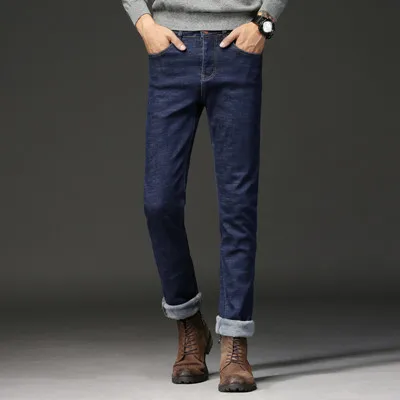 Новые зимние утолщенные теплые вельветовые мужские классические деловые повседневные узкие джинсы мужские черные синие прямые джинсовые брюки большого размера 40 - Цвет: 117 blue