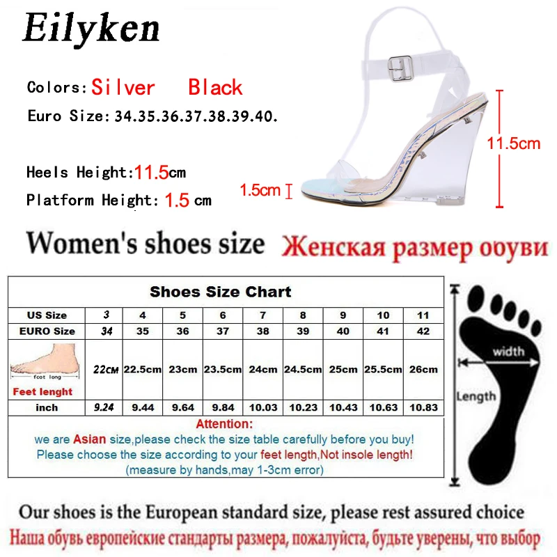 Eilyken/качественные босоножки на ремешке с пряжкой на лодыжке; обувь на танкетке из плексигласа; Модные прозрачные женские туфли из ПВХ на высоком каблуке; Цвет серебристый, черный