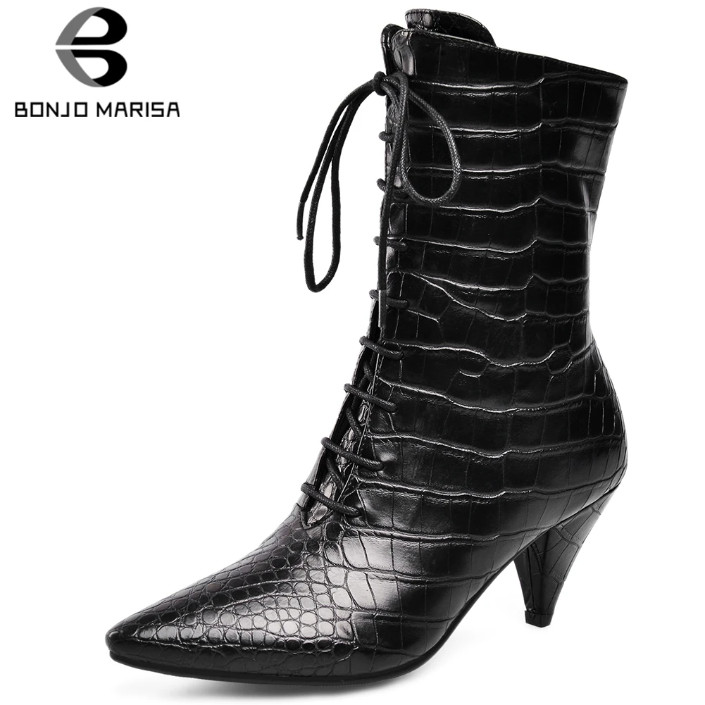 

BONJOMARISA 33-45 Hot Sale Brand lace-up Fretwork Ankle Boots Women 2020 Mature OL Pointed Toe Boots Lady High Heel Shoes Woman