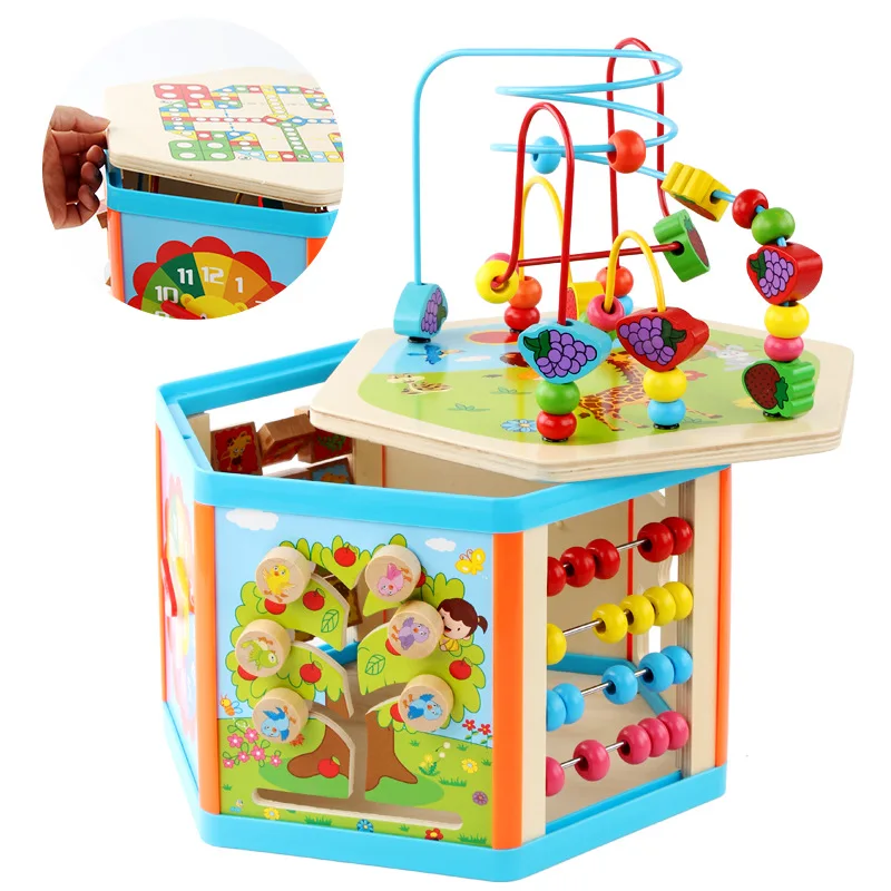 

Children Wood Multi-functional Animal Beaded Bracelet Baby Large Size Six-Sided Bead-stringing Toy Treasure Chest Toy 3-6 a Year